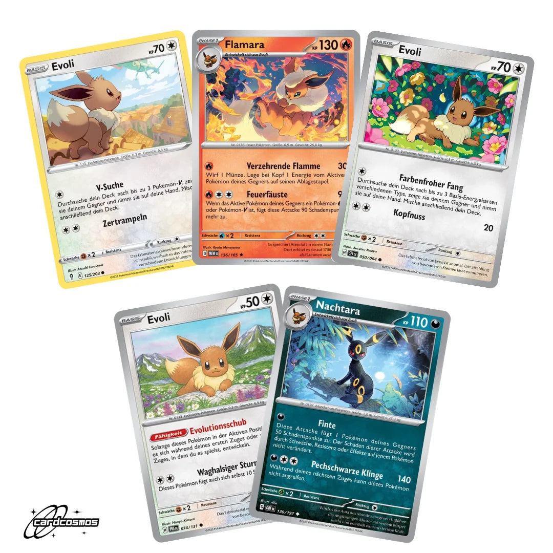 Pokémon Karten Set Englisch – 5 Karten Evoli/Eevee & Entwicklungen – Zufällig zusammengestellt